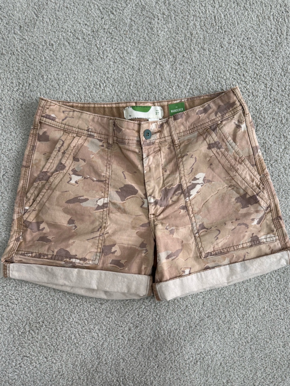 Anthropologie Beige Camo Rolled-Hem Utility Shorts